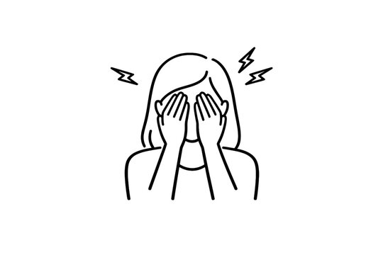 Minimalist line art illustration of a woman holding hands to her face with lightning bolts, representing stress, migraine, headache, mental health, anxiety, pain, fatigue, and emotional burnout.