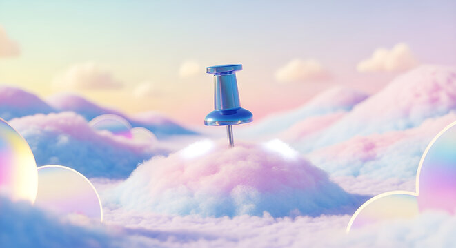 Blue Pineska Thumbtack on Pastel Cloud Landscape 3D Render