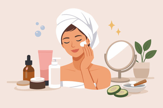 Beautiful Young Woman with White Towel on Head Applying Moisturizing Cream for Daily Skincare Routine, Surrounded by Cosmetic Products, Serum, Lotion, Mirror, and Cucumber Slices, Flat Vector