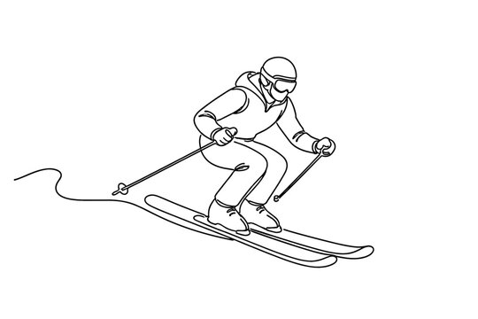 Continuous Line Drawing of a Professional Skier in Action, Minimalist Vector Illustration of a Person Skiing Down a Mountain Slope, Winter Sports Athlete Line Art for Modern Graphic Design
