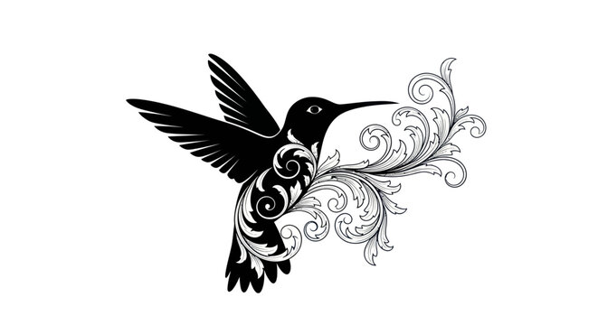 Ornate hummingbird silhouette with elegant floral filigree patterns on white background