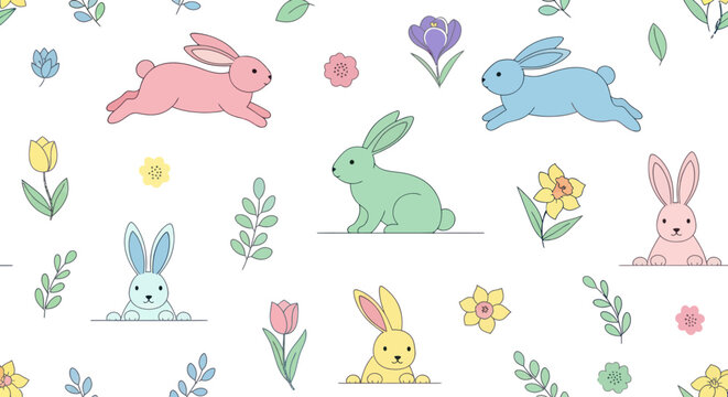 Seamless pattern with cute colorful spring rabbits and flowers in pastel colors