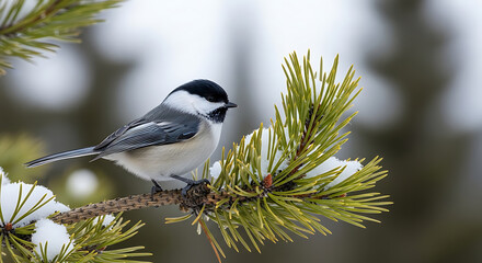 Fototapeta premium A charming black capped chickadee perched on a snowy pine branch on transparent background