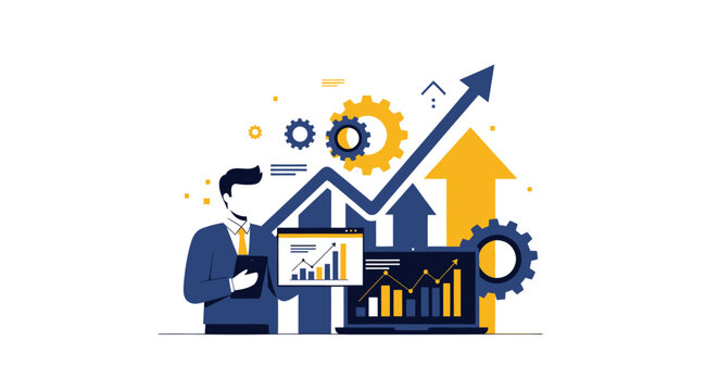 Businessman analyzing financial data with upward trend graphs and gears