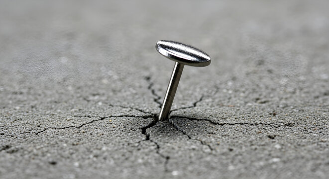 Strong silver pineska thumbtack hitting hard cracked concrete