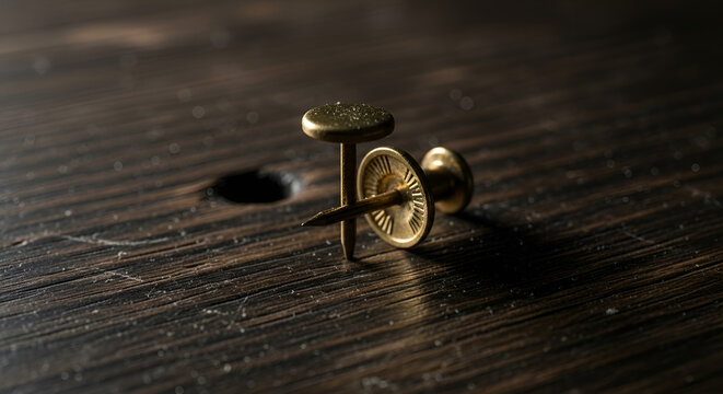 Vintage Brass Pineska Thumbtack on Dark Wooden Texture