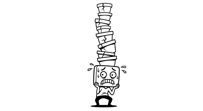 Overwhelmed cartoon character with papers.