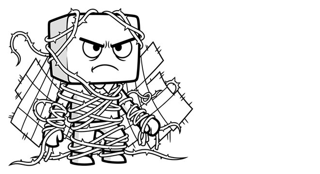 Angry cartoon character wrapped in cords.