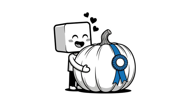 Smiling cube character hugs pumpkin.