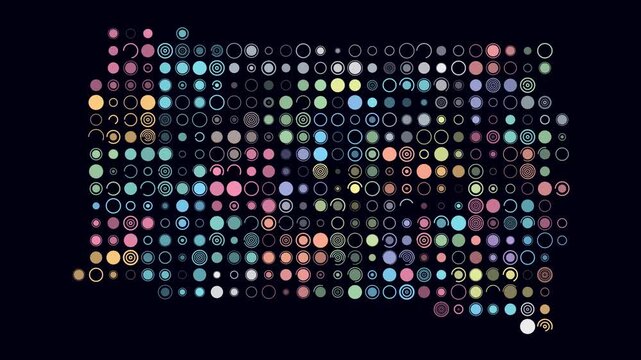 South Dakota animated shape. Pulsating colored dots on the map of the state. Large size circle blocks. Digital style South Dakota map on dark background. Stylish animation video.