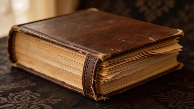 Old leather bound book on patterned surface