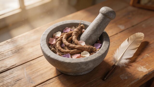Stone mortar with roots and petals