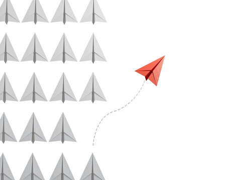 Group of white paper plane in one direction and one red paper plane pointing in different way. Business for innovative solution concept.Supports PNG files with transparent backgrounds.