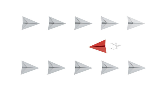 Different business concept.Red paper plane changing direction from white paper plane. new ideas. paper art style. creative idea.Supports PNG files with transparent backgrounds.