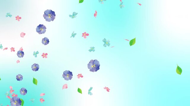 水彩風　かわいい花や花びらや葉っぱが左下から舞う[背景水色]Watercolor flower Series:Cute flowers, petals, and leaves fluttering from the bottom left.[background light blue]