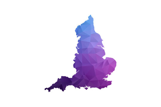 England Map - Polygon Style Vector Illustration in Blue and Purple Gradient, Low Poly Geometric Design, Isolated on White Background, Ideal for Infographics and Learning Materials.