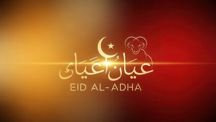 Naklejka premium Radiant Eid al-Adha greeting with Arabic calligraphy, crescent moon, star, and ram illustration