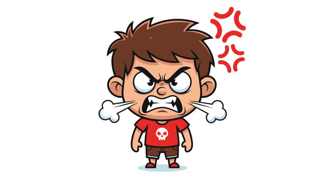 Very angry little boy with steam coming out of ears and red anger symbols cartoon illustration