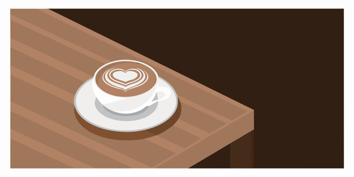 A white cup of latte art with a heart design sits on wood