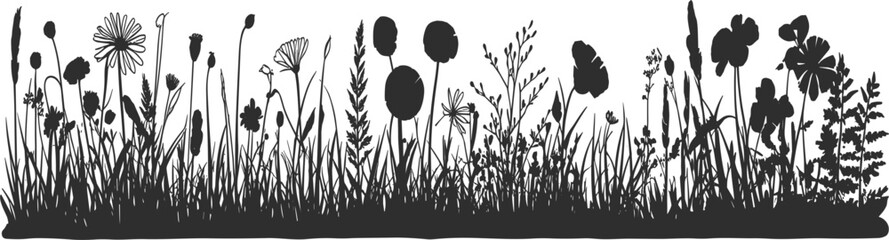 Natural floral grass silhouette illustration featuring diverse plants and field vegetation © Monjurul