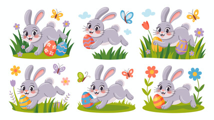 Naklejka premium Cute Easter Bunnies Vector Set Running Rabbits with Eggs and Spring Elements