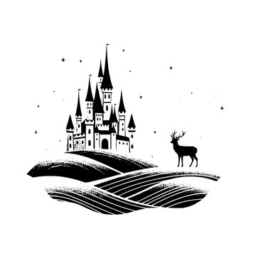 A castle and a deer on a hill Vector, illustration