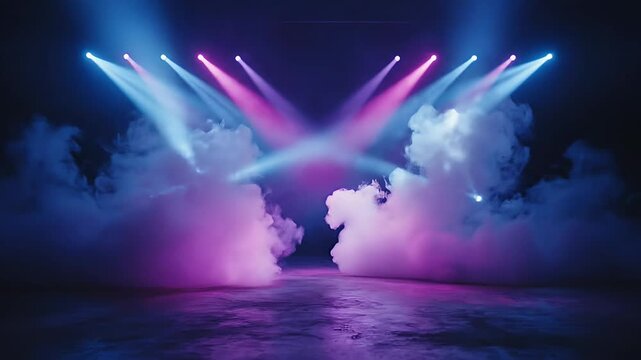 Empty stage with blue and pink spotlights and smoke