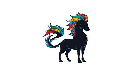 Stylized silhouette of a black horse with a vibrant rainbow mane and tail. © Tukang