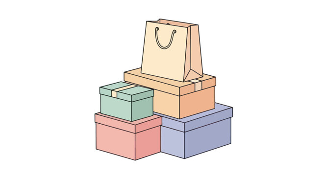 A stack of colorful gift boxes and a shopping bag on a white background.