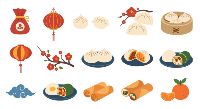Collection of Asian food and decoration icons