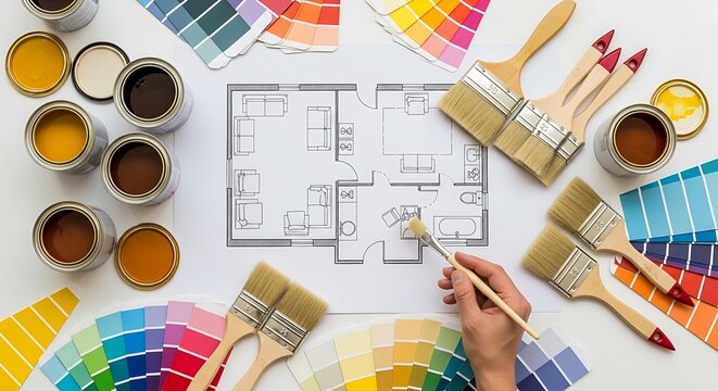 Home renovation planning with paint brushes color palettes and blueprints