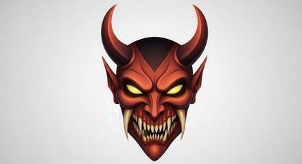 Obraz premium Intensely menacing red horned creature face with sharp fangs and glowing yellow eyes