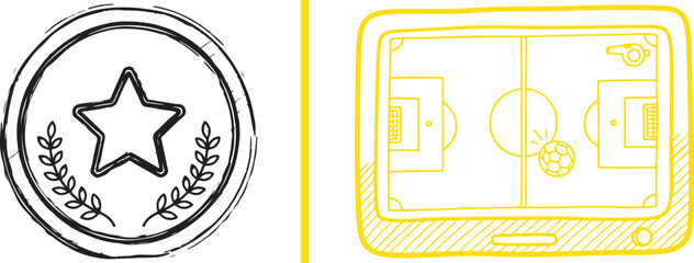 Hand drawn vector illustration of a soccer field on a tablet screen and a star achievement emblem for sports gaming and coaching apps © Muhammad