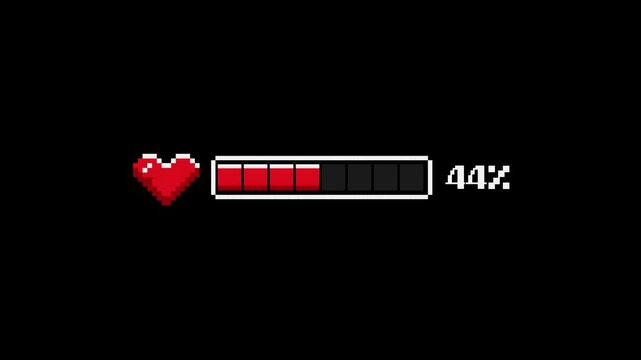 Pixel Art Health Bar Decreasing Animation 100 to 0 with Heart Icon Retro 8 Bit