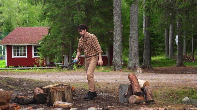 Man failing to set a log for chopping and trying again. Slow motion 4K ProRes 422 of authentic manual labor process.