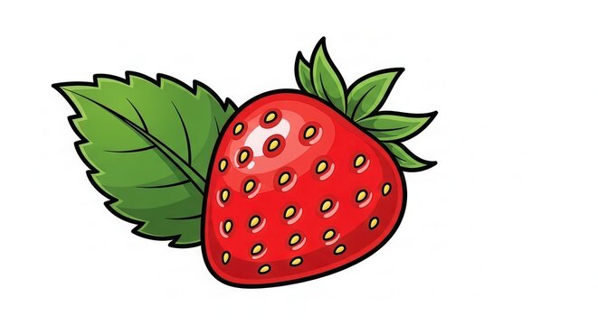 Vibrantly colored cartoon strawberry illustration with fresh green leaf detail perfect for