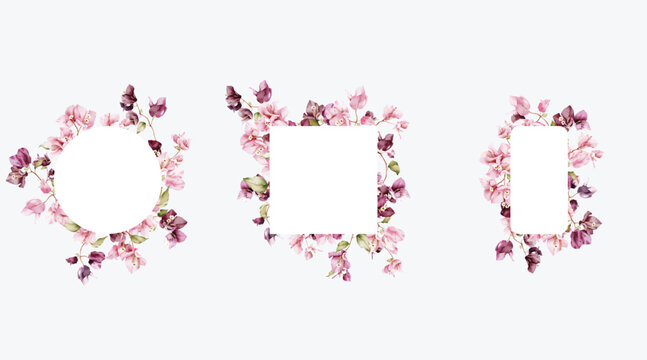 Three floral frames featuring watercolor-style Bougainvillea flowers