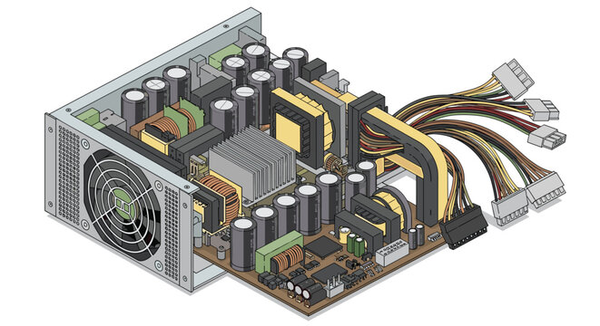 A meticulous isometric illustration reveals the complex internal components of a computer power supply unit featuring large capacitors and colorful wiring.