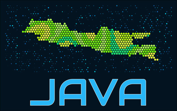 Java hexagon dots map. Indonesia. Digital style shape of the island. Java map and title. Tiny green colored hexagons, sparse blue dots at background. Vector Illustration.