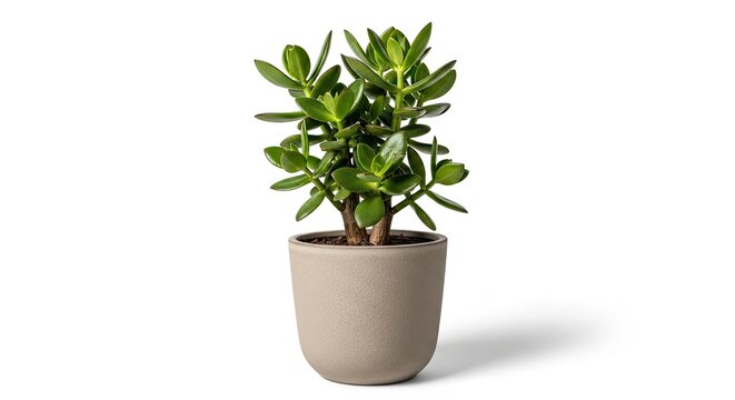 A jade plant sits in a gray ceramic pot on a white surface. The plant has glossy green leaves and a woody stem.