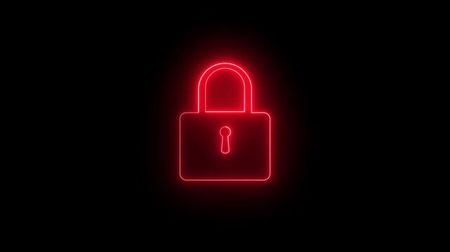 Red Neon Padlock Icon Glowing on Dark Background Cyber Security Protection Concept Seamless Loop Animation