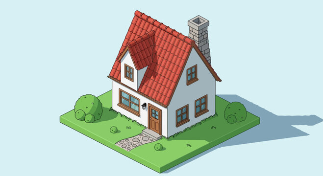 Isometric illustration of a residential house with red roof and green lawn