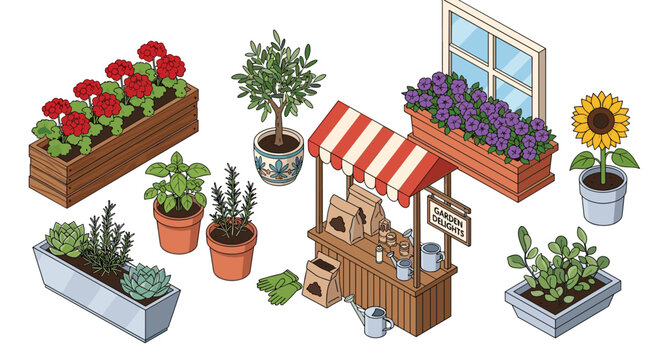 Meticulous isometric garden collection features vibrant red geraniums in wooden boxes and a charming market stall under a bright white studio background.