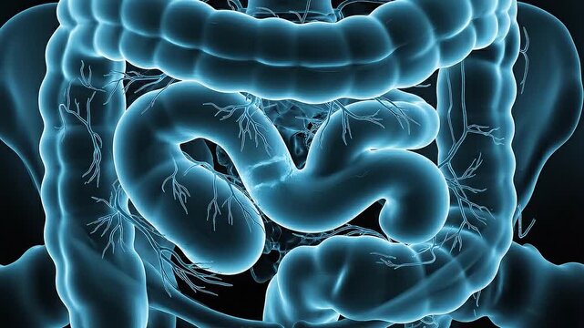 Detailed 3D Animation of the Human Digestive System Showing the Intestines and Colon in a Blue X-ray Style