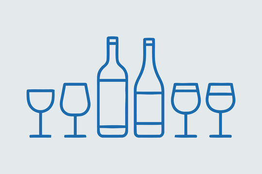 Blue line art icon set of wine bottles and empty wine glasses set