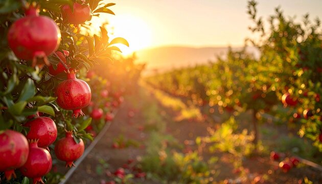 Red pomegranates on tree in sunlight
