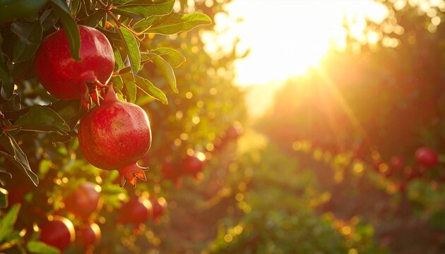 Ripe pomegranates on tree in sunlight