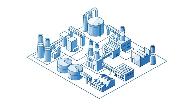 A detailed isometric blueprint illustration depicts a sprawling industrial factory complex featuring multiple chimneys and storage tanks in blue.