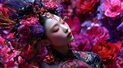 Naklejka premium 華やかな花飾りを身に着けた女性の横顔。伝統的な装飾と美しいメイクのポートレート。