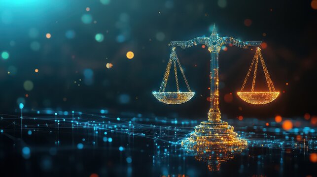 A striking two-toned digital scales of justice glows with ethereal bokeh lights.